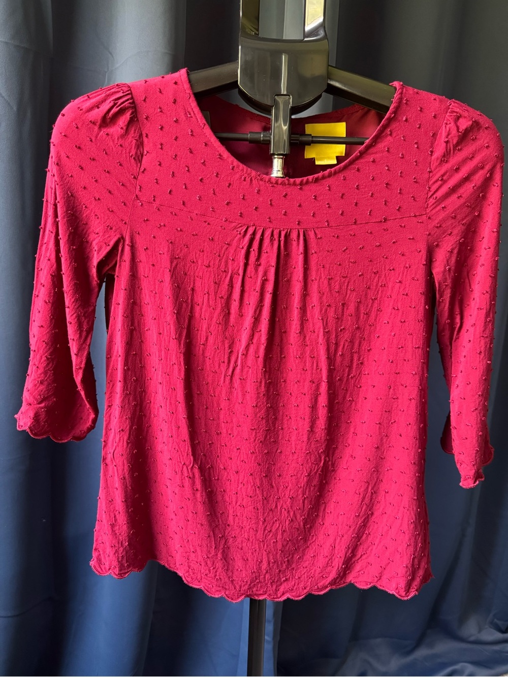 Maeve by Anthropologie Size 2 Burgundy Swiss Dot Blouse 3/4 Sleeve Scalloped Hem
